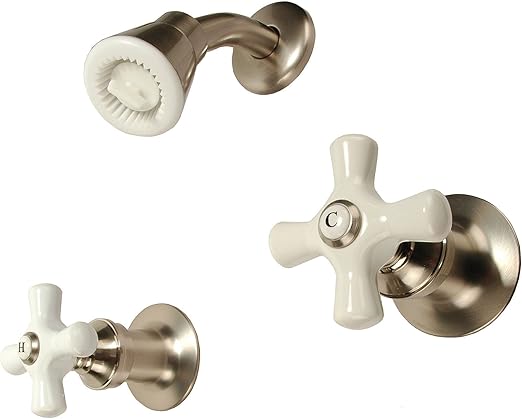 Two Handle Shower Faucet Satin Nickel Finish Porcelain Handle