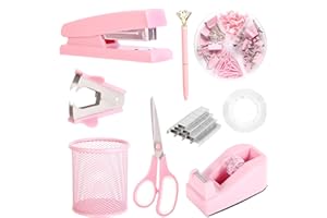 YUUN Pink Desk Accessories, Pink Office Supplies Set with Stapler, Tape Dispenser, Staple Remover, Pen Holder, Scissor, Binder/Paper Clips, Ballpoint Pen, Clear Tape and 1000pcs Staples