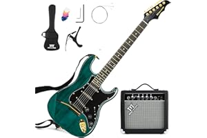 MUSTAR Electric Guitar Kit with 25W Amplifier, 39 Inch Full Size Solid Wood Electric Guitar Beginner Kits, Gig Bag, Digital Tuner, Capo, Strap, Cable, Picks, Birthday Holiday Gifts (Green, MEG-100)