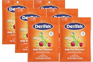 DenTek Kids Fun Flossers, Removes Food & Plaque, Wild Fruit Flavored Floss Picks, 75 Count, 6 Pack