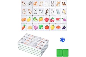 GRACIAS 4 Players Mahjong Block Set, 128 Green Tiles(1.18”) with Animal and Food Pattern, Portable Mahjong Set with A Carry Bag, Mahjong Tile Game