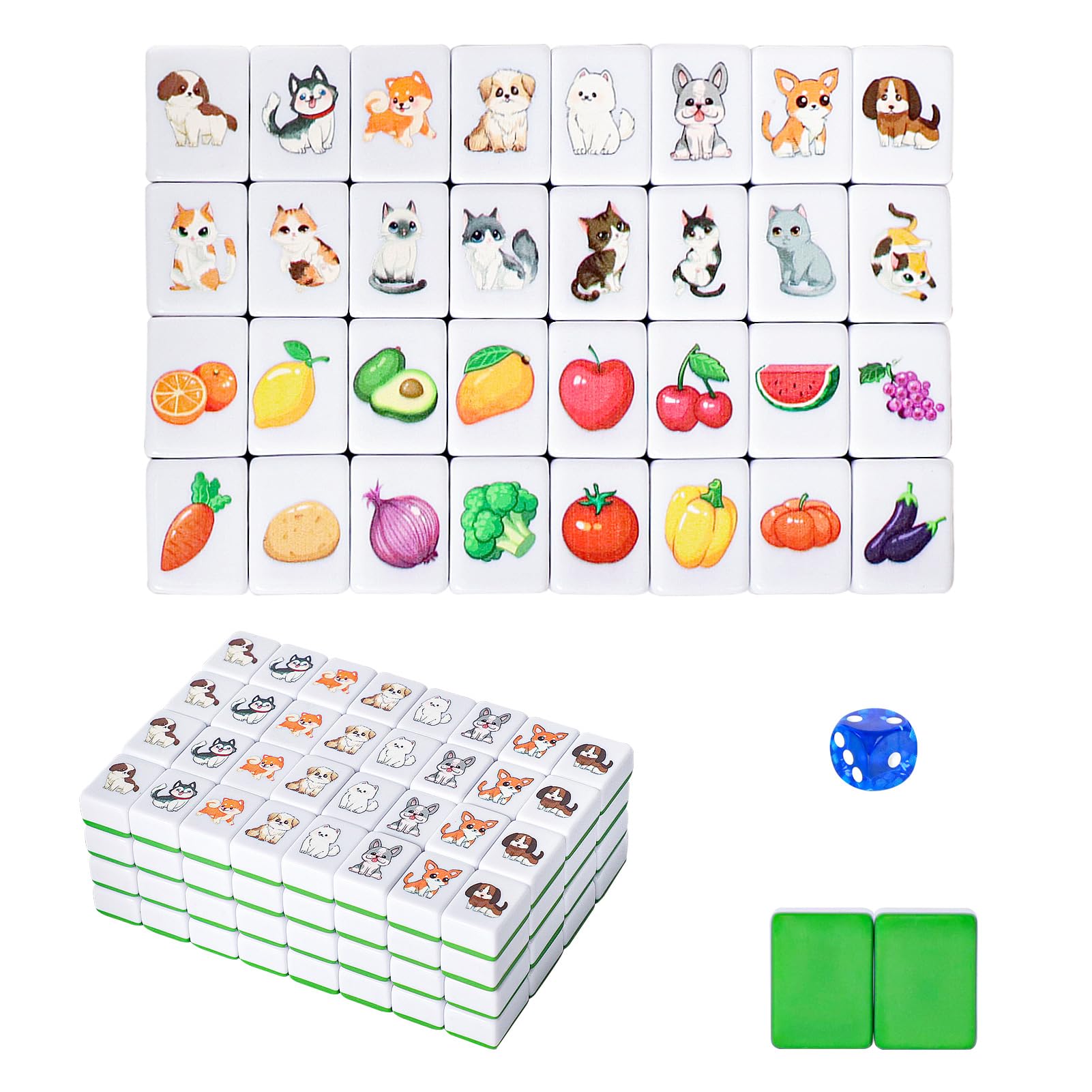 Photo 1 of GRACIAS 4 Players Mahjong Block Set, 128 Green Tiles(1.18”) with Animal and Food Pattern, Portable Mahjong Set with A Carry Bag, Mahjong Tile Game