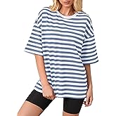 TERIVEEK Women Oversized Striped Color Block Short Sleeve Crew Neck T-Shirts Casual Loose Pullover Tops Summer Tee Shirt