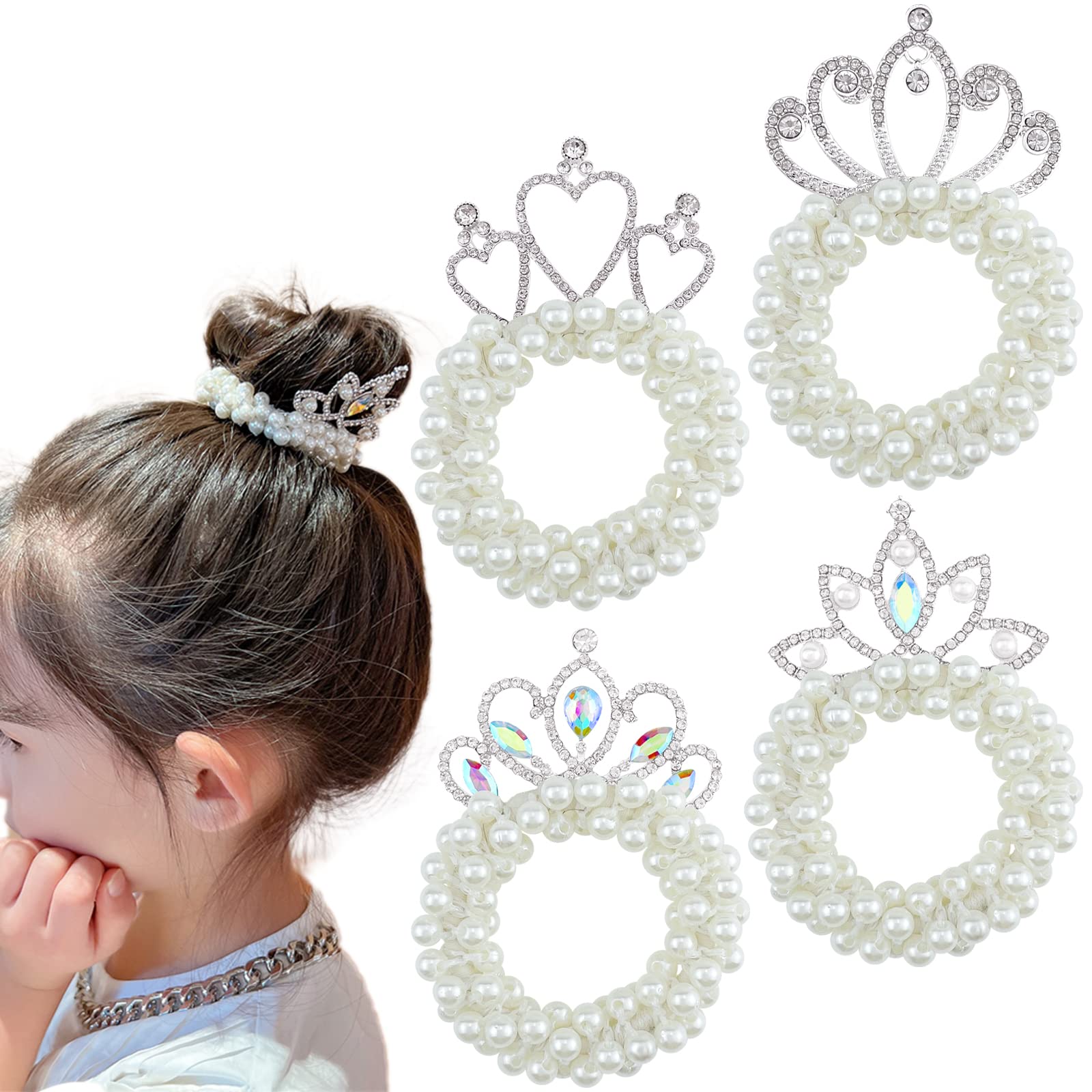 4 Pcs Beaded Hair Accessories - White Pearl Beads Crystal Crown Scrunchies, Elastic Ponytail Holders & Princess Hair Rope Ties for Women Girls