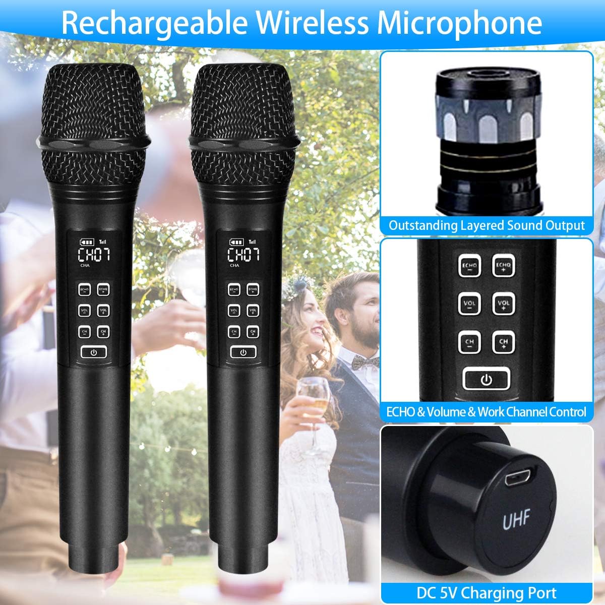 Kithouse K28 Rechargeable Wireless Microphone Karaoke Microphone Wireless Mic + Volume Control + Echo with Receiver System, UHF Cordless Microphone for Karaoke Singing Speech Church, Black: Home Audio & Theater