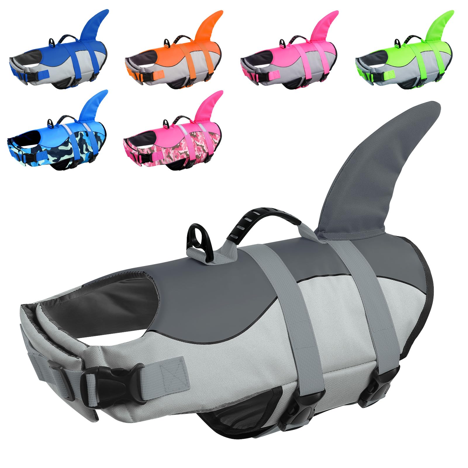 CITÉTOILE Dog Life Jacket Shark Costume, Puppy Safety Vest for Swimming Pool Beach Boating, Training Flotation Vest with Rescue Handle & Reflective Strips for Dogs, Grey, M