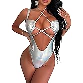 Women’s Sexy Criss Cross Metallic Silver Swimsuit One Piece Holographic Backless Bathing Suit Rave Festival Outfit