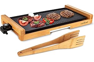 NutriChef Electric Grill Smokeless Indoor – Bamboo Tray, Non-Stick Plate, Adjustable Thermostat, Dishwasher Safe, 1800W Power
