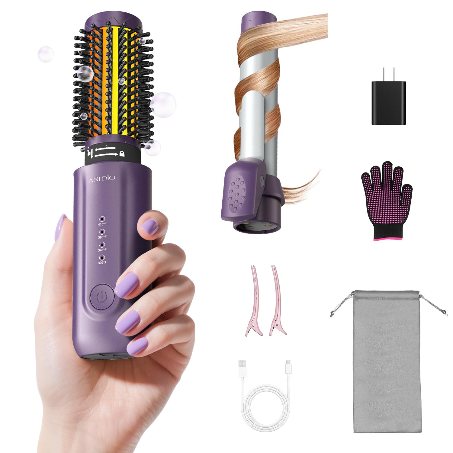 Photo 1 of Cordless Curling Iron Brush, 8000mAh, 4 Temp Setting, 1/1.5 inch 2 in 1 Portable Mini Travel Hot Comb,Rechargeable Hair Curler Cordless with 200 Million Negative Ions, Dual Voltage for Travel, Purple