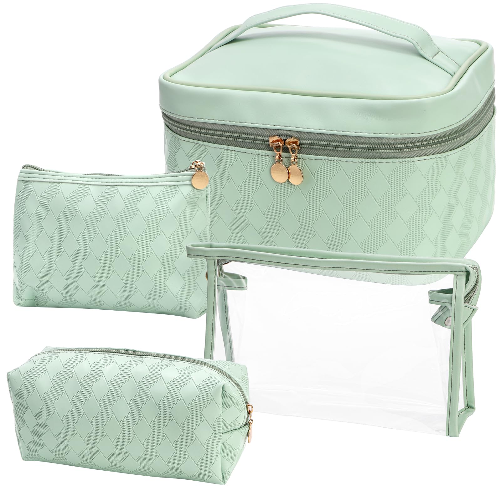 Hedume Set of 4 Makeup Bags, Waterproof Cosmetic Bag Set, Leather Portable Travel Cosmetic Bag, Multifunction Organizer Storage Bag for Makeup, Brushes, Toiletries and Accessories, Green, Leather