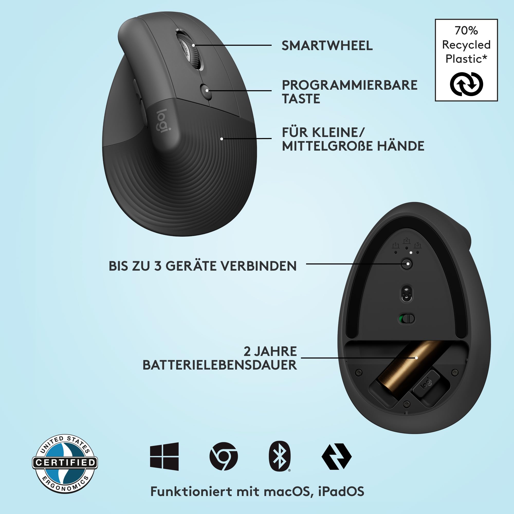 Logitech Lift Vertikale Ergonomische Maus, Kabellos, Bluetooth oder Logi Bolt USB-Empfänger, Leise Klicks, 4 Tasten, Kompatibel mit Windows/macOS/iPadOS, Laptop, PC - Grau 7