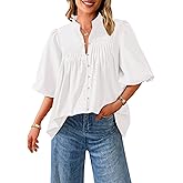 PRETTYGARDEN Women's 2026 Summer Short Lantern Sleeve Tops Loose Fit Button Down Shirt Pleated V Neck Blouses Trendy Clothes