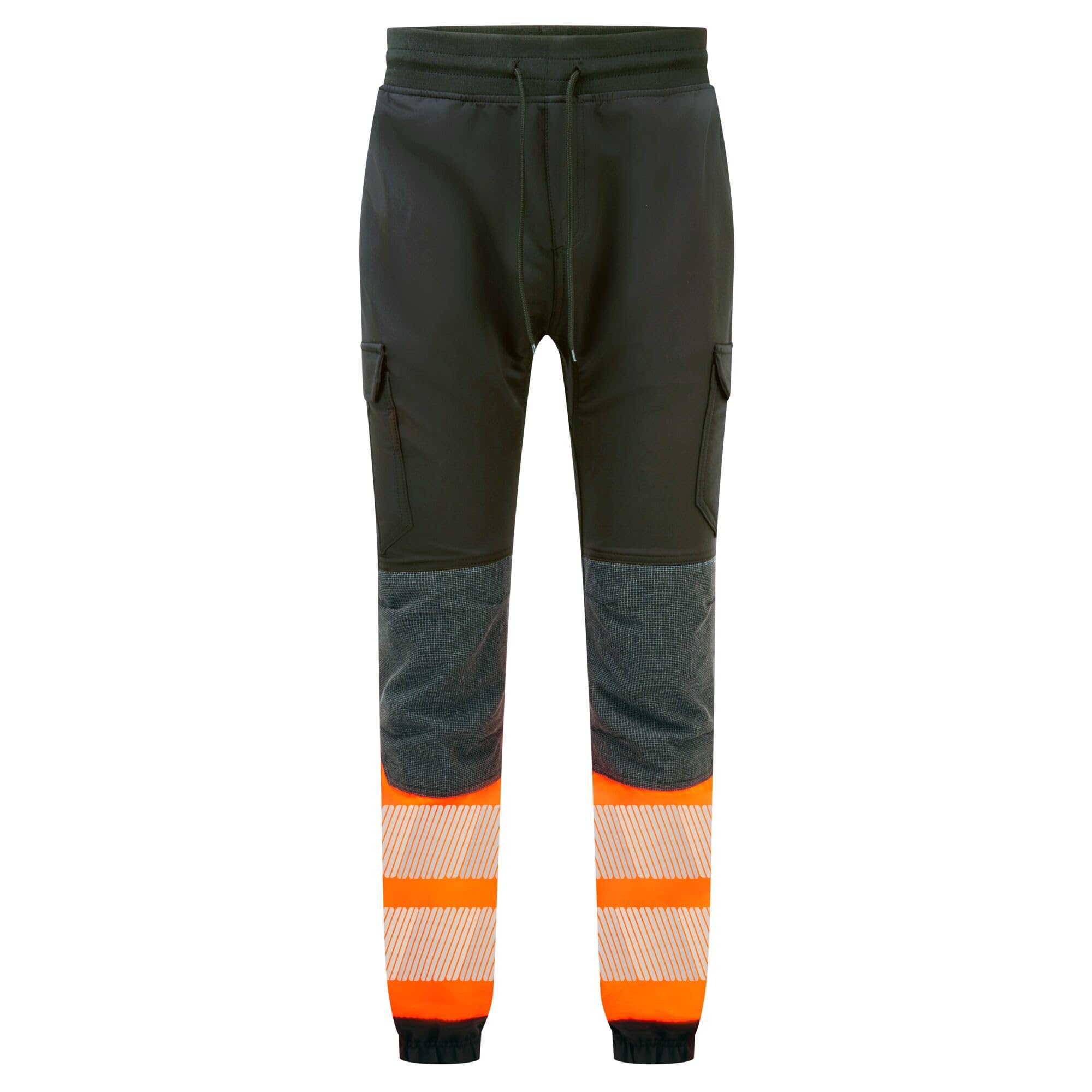 Portwest PW3 Hi-Vis Flexi Joggers Work Trousers 4-Way Stretch Slim Fit Jogging Bottoms Reinforced Knees Reflective Tape Workwear Pants Multi-Pocket Elastic Waist, Black/Orange, XL