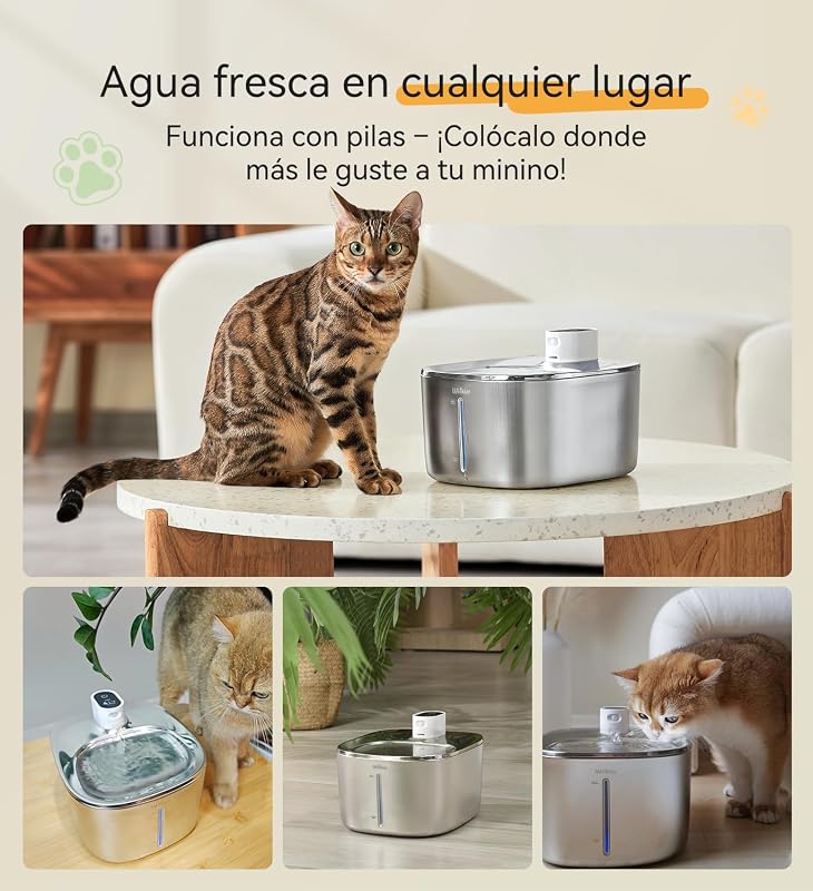 Fuente de Agua para Gatos, Acero Inoxidable, 4.1 L, dispensador de Agua inalámbrico para Mascotas, para Gatos y Perros en Interiores