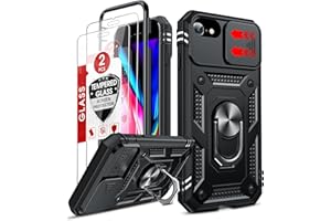 LeYi Compatible for iPhone SE 3rd/ 2nd Generation Case: 7/8/ SE 2022 2020 Phone Cover with Slide Camera Cover+ 2pcs Tempered Glass Screen Protector, Full Body Case with Kickstand for SE, Black