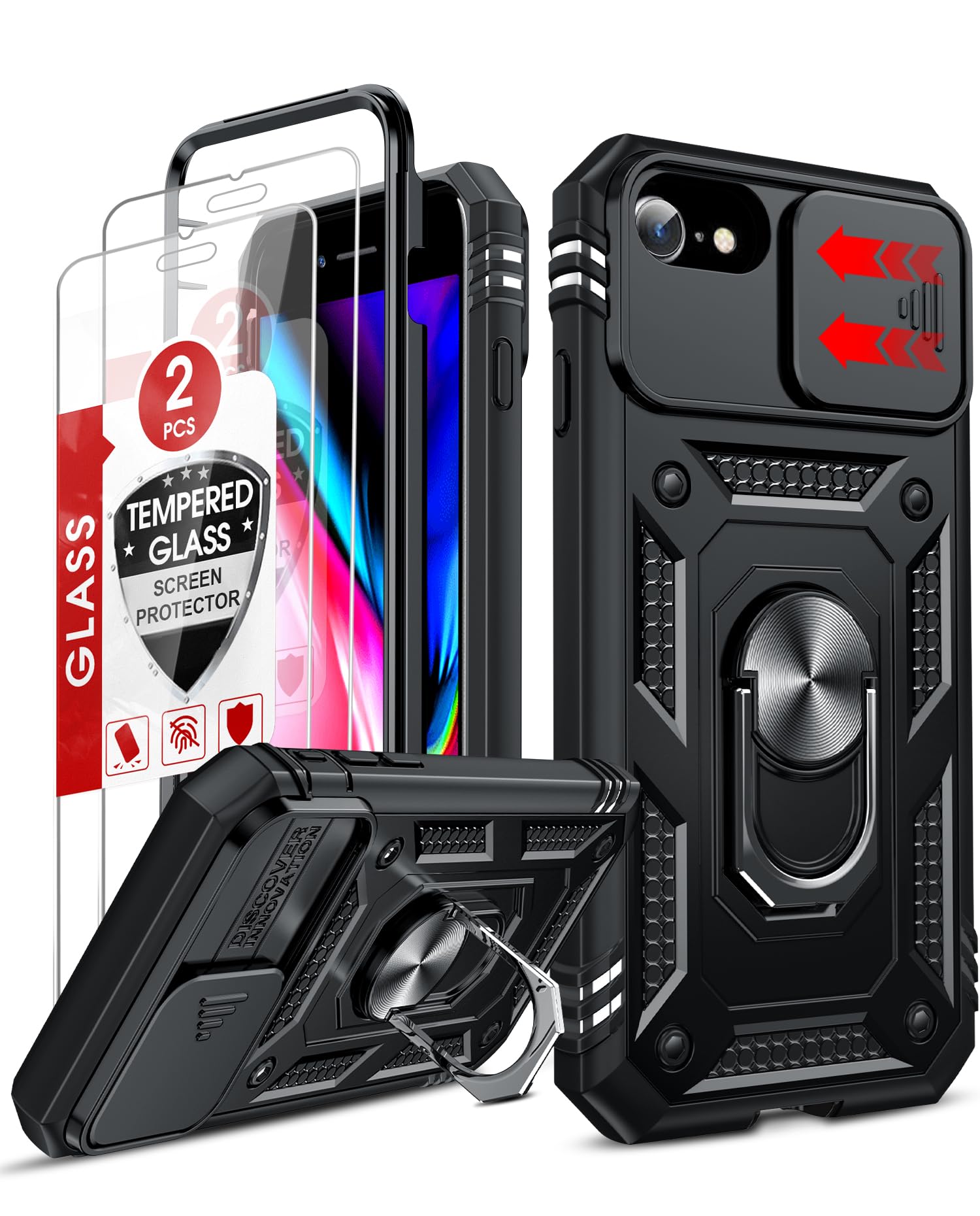 Photo 1 of LeYi Compatible for iPhone SE 3rd/ 2nd Generation Case: 7/8/ SE 2022 2020 Phone Cover with Slide Camera Cover+ 2pcs Tempered Glass Screen Protector, Full Body Case with Kickstand for SE, Black