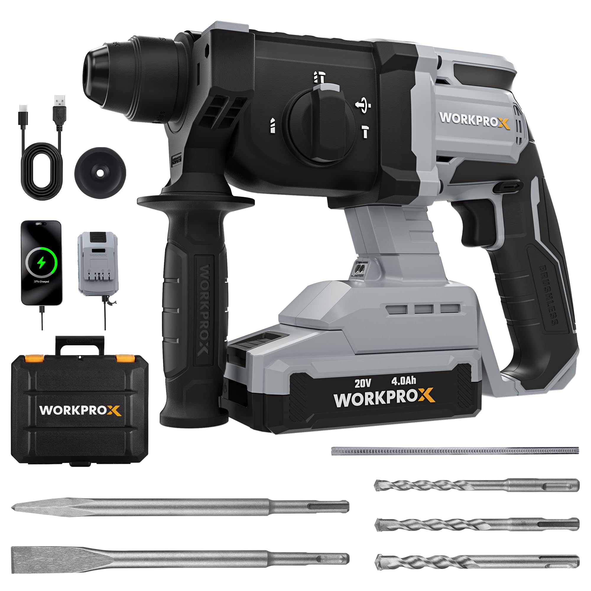 Photo 1 of WORKPROX 20V Cordless Rotary Hammer Drill, 7/8" SDS-Plus, 2.0J Hammer Drill for Concrete with 4 Functions, Brushless Motor, 4.0Ah Battery & LED Light, Lightweight SDS Hammer Drill for Home Use