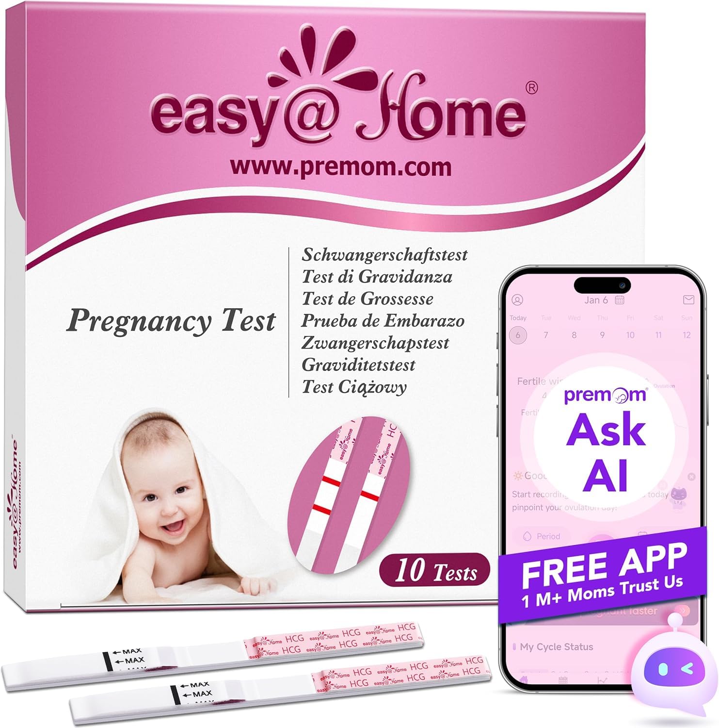 Pregnancy Detection Test Strips Kit: Easy@Home HCG Tests 10miu/ml Powered by Accurate Fertility Tracker iOS and Android Premom App (10HCG)