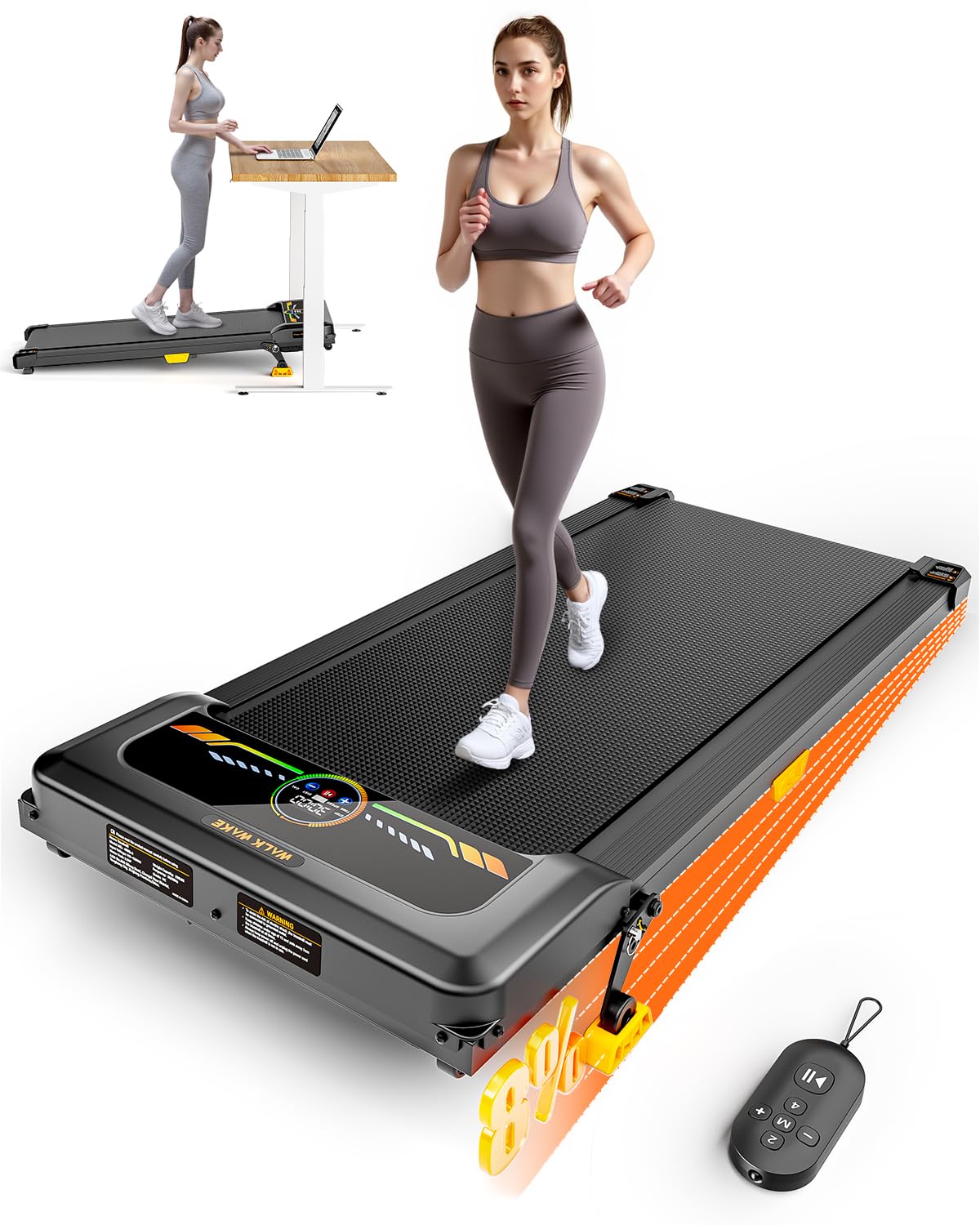 Photo 1 of *HEAVY* Walking Pad Treadmill, WALKWAKE 8% Incline Walking Pads, Compact Under Desk Treadmill for Home, 330lb Capacity 2.5HP Running Machine for Walking Jogging with LED Display, Dark Yellow