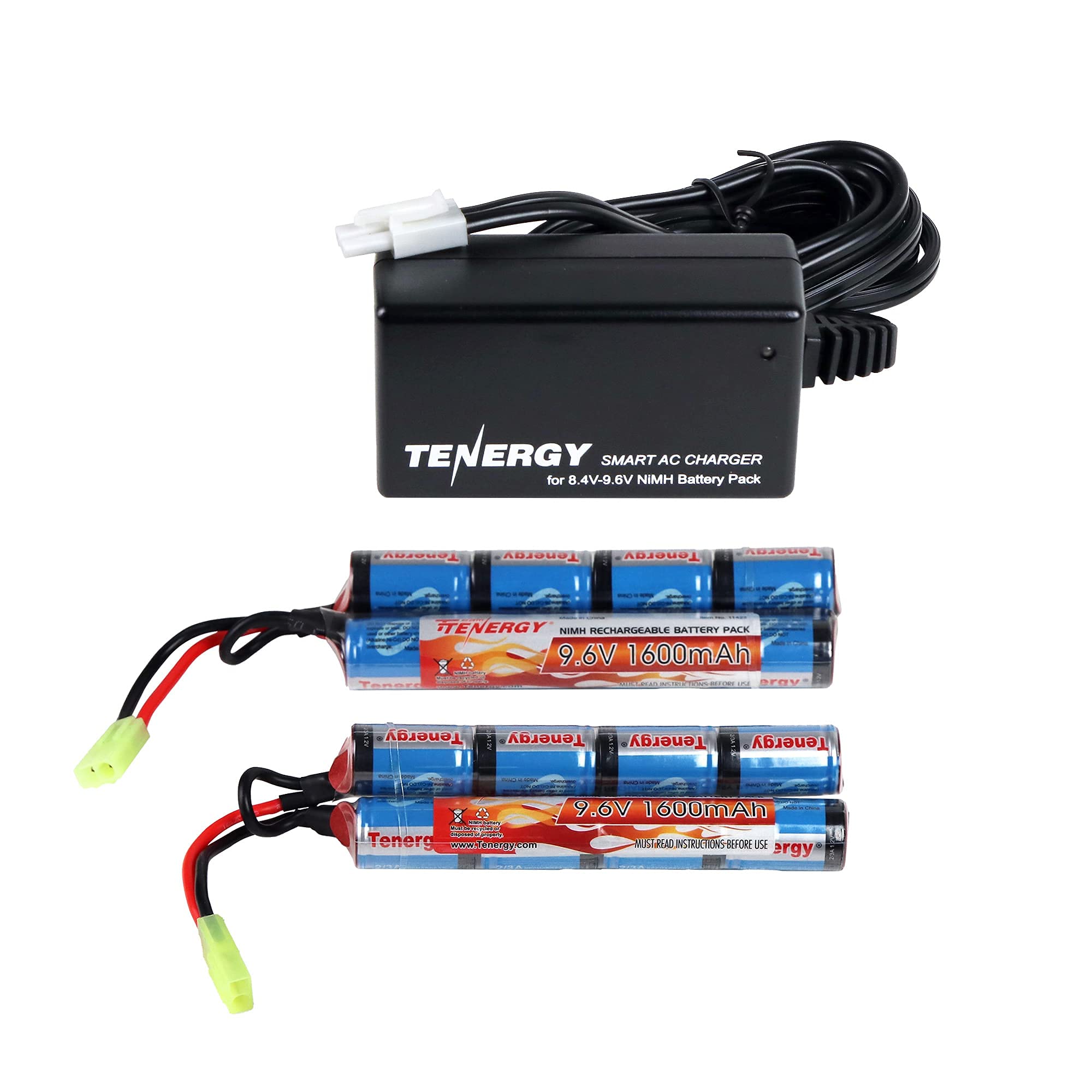 Tenergy Combo cargador y 2 paquetes de baterías de mariposa recargables NiMH de 9,6 V 1600 mAh con conector Mini Tamiya para Airsoft AEG