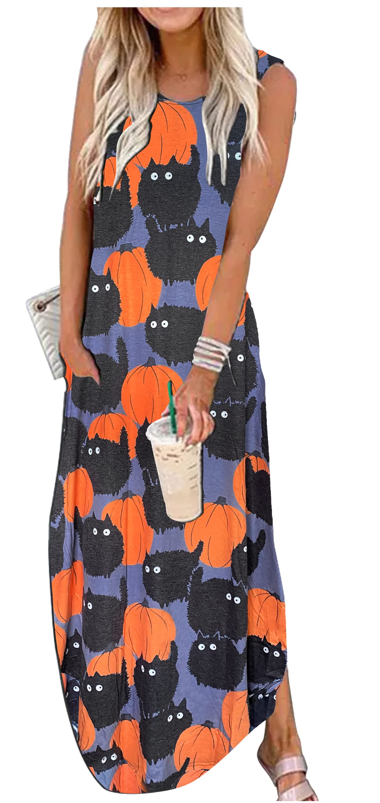Photo 1 of CHUNTIANRAN Women's Maxi Dress Summer Casual Sundress Sleeveless Long Dresses Hawaiian Beach Maxi Dresses with Pockets(Halloween Cat-Grey,Large)