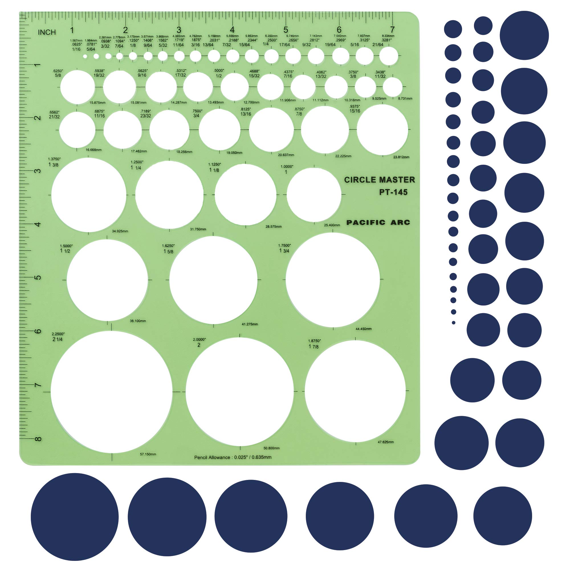 Pacific Arc Professional Circle Guide Template, 45 Total Circle from 1/16 Inch to 2.25 Inch with Inch Graduations