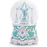 Carousel Music Box Silver Turquoise Christmas Snow Globes, 7.1" Glass Rotate Carousel Snow Globe for Kids & Adults, Classic Wind up Musical Snow Globe Valentines Day Gifts, Carousel Horse Home Decor