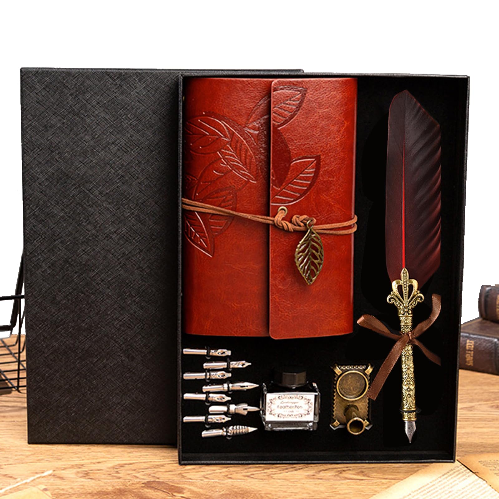 Everesta Notebook and Pen Set Vintage PU Leather Notebook Journal Diary and Retro Feather Pen Quill Pen Gift Box Set with Ink & Replaceable Nibs for Beginners (Wine Red)