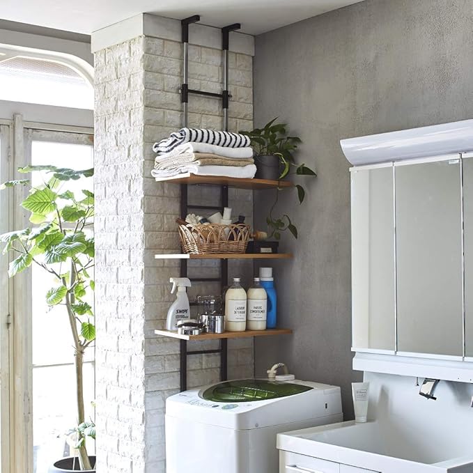 Amazon Co Jp 生活雑貨 ランドリーラック 洗濯機ラック 省スペースで設置が出来る突っ張り式 棚タイプ ブラウンパイプ ナチュラル棚 大型 ホーム キッチン