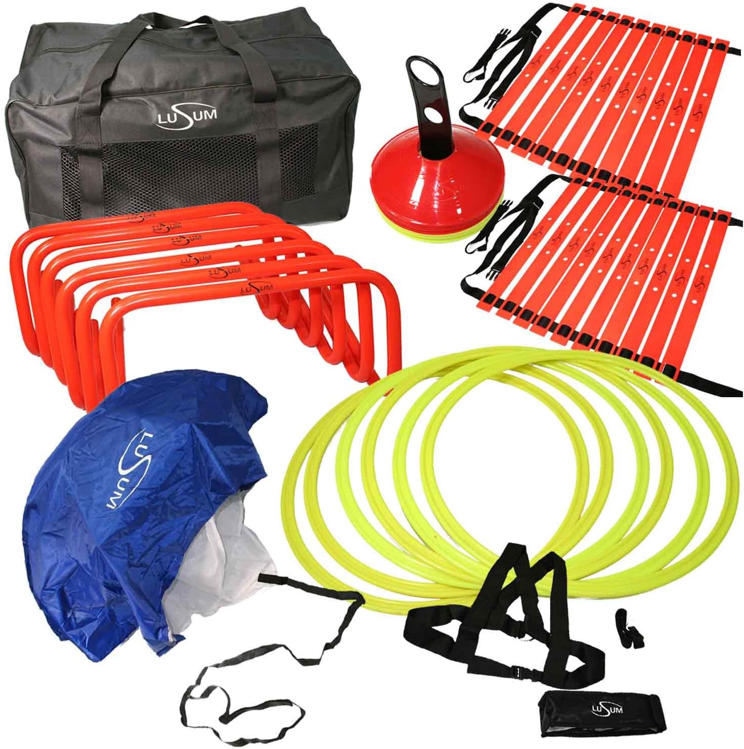 Lusum Speed Agility Kit - 6 x Hurdles, 24 x Cones, 2 x Agility Ladders 1 x Speed Resistance Harness, 1 Speed Parachute and a Heavy Duty Carry Bag - Multi-Sport Training Equipment For Football, Rugby
