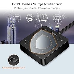 Black Surge Protector Power Strip, TESSAN Flat Plug