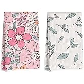 2 Pcs Colorful Flower Kitchen Towels, Leaves Decorative Absorbent Microfiber Dish Cloth Tea Towel, Aesthetic Waffle Soft Hand Towels for Farmhouse Home Bathroom, Housewarming Gifts