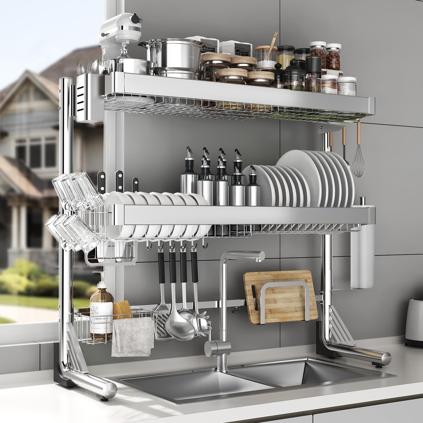 Photo 1 of CUISIBOT Over The Sink Dish Drainer Drying Rack 3 Tier, Full Stainless Steel Dish Drying Rack Adjustable Length 20.9''-37.4'', Kitchen Sink Shelf, Organized Space-Saving Dish Rack