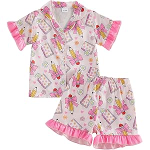 Kuriozud Kids Toddler Girl Satin Pajamas Set Summer Short Sleeve Button Down Shirt Top and Shorts 2pcs Pjs Sets Sleepwear