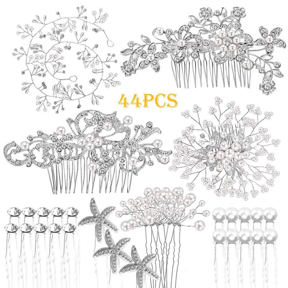 44Pcs Wedding Hair Combs for Brides Pearl Crystal Bridal Hair Accessories Side U Shaped Clips Silver Rhinestone Spiral Hair Pins for Women Bridesmaid Hair Down Headpiece