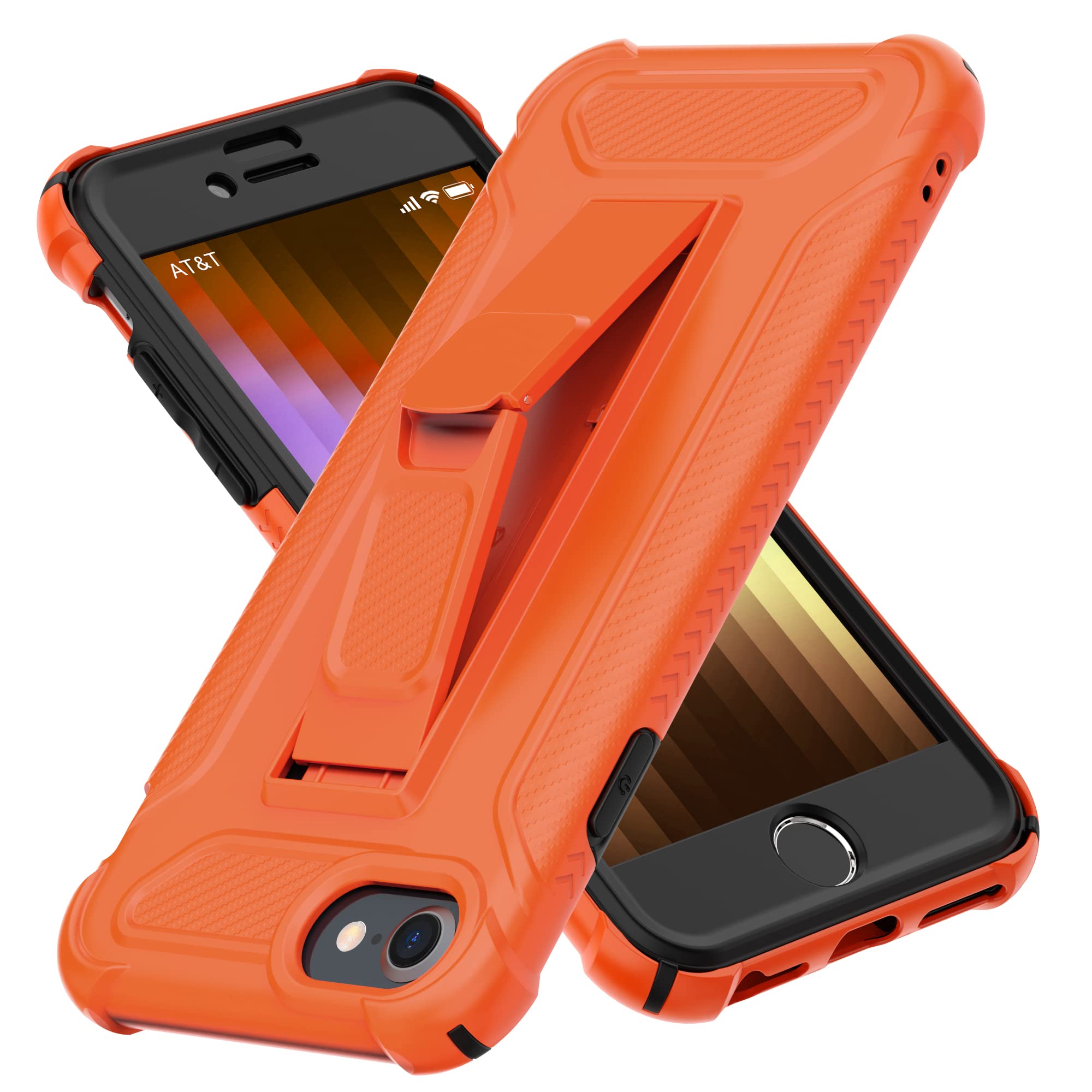 ORETECH for iPhone SE 2022 Case, iPhone SE 2020 Case, and [2 x Tempered Glass Screen Protectors] [Built-in Kickstand] Military Grade Shockproof 360 Full Body Protective Cover - Orange — image 1