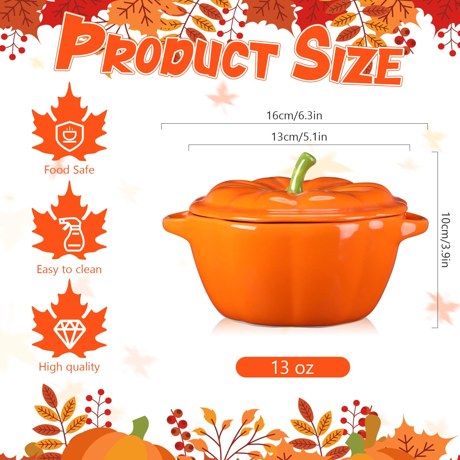 2 Pcs Pumpkin Bowls Ceramic Pumpkin Dish 13 oz Casserole Cookware Serving Pot Safe Oven Pot with Lid and Handle for Fall Halloween Thanksgiving Autumn Cooking Baking Dessert
