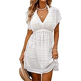 CUPSHE Women's Swim Cover Up Dress V Neck Textured Striped Short Sleeve Cover Ups Casual Beach Summer
