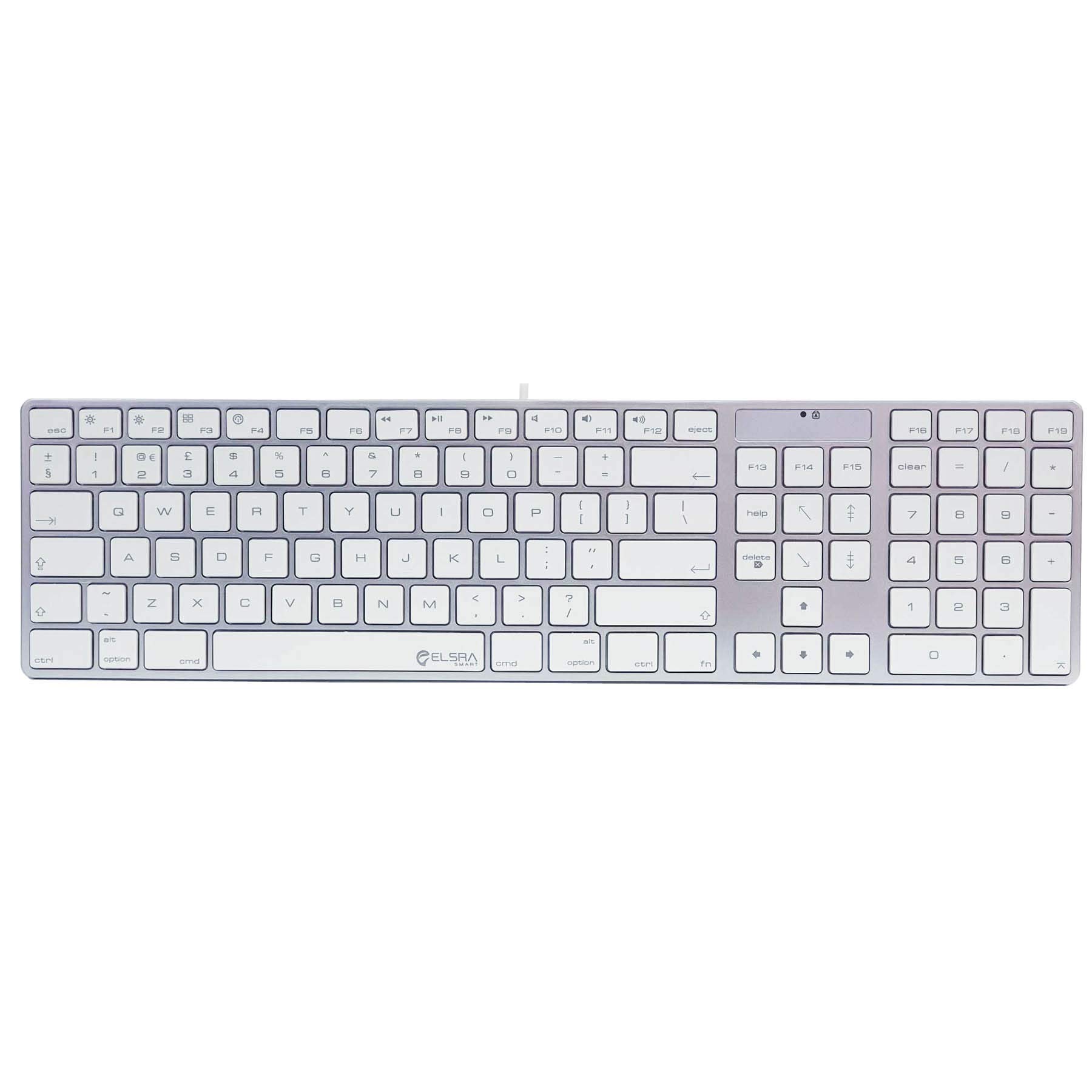 ELSRA Full Size Wired Mac Keyboard with Numeric Keypad- UK Layout, Low Profile Scissor Switch, Compatible with iMac, Mac mini, MacBook | Silicone Cover Included | Silver/White