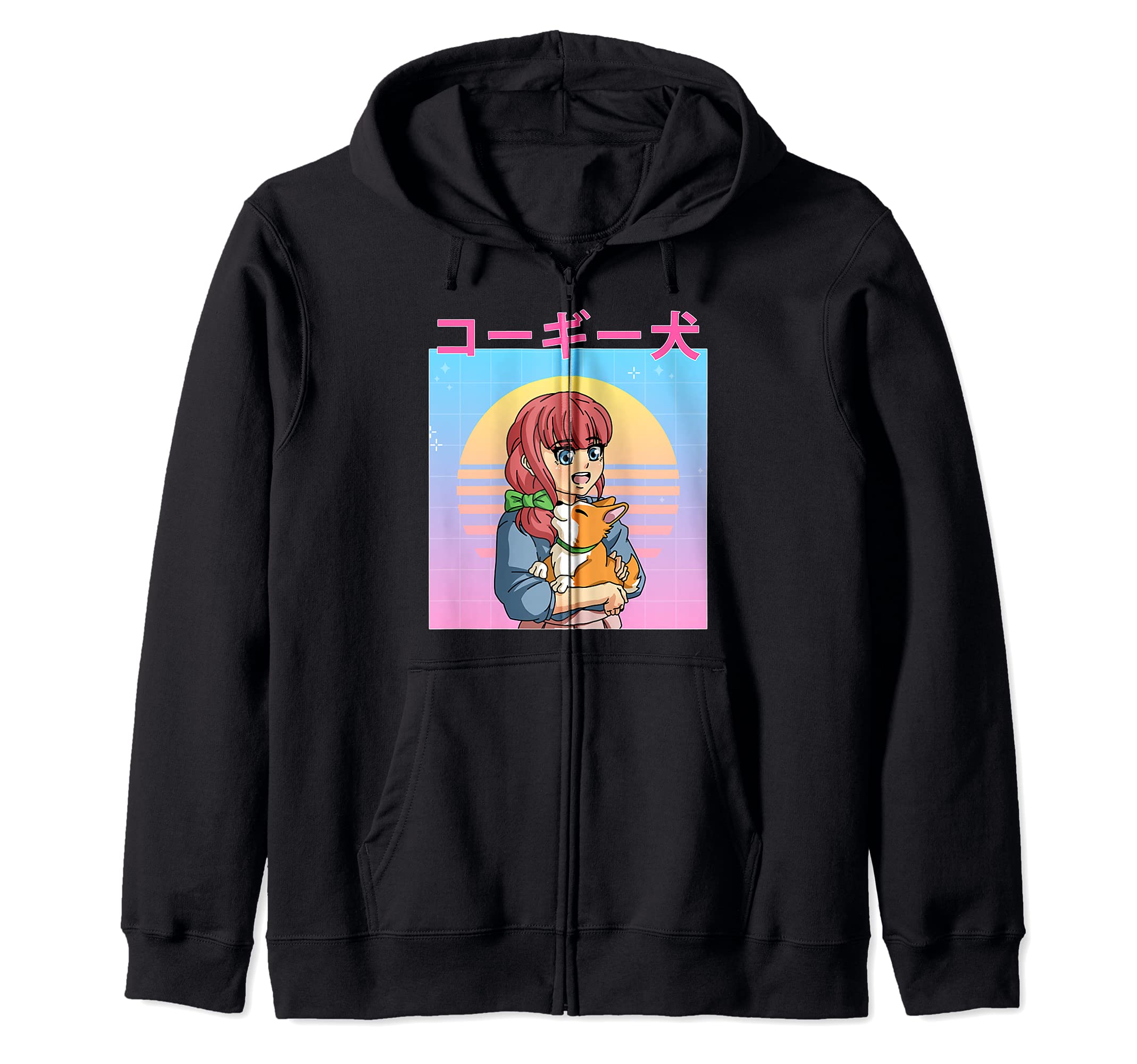 Funny Retro 90s Japanese Kawaii Anime Girl and Corgi Dog Zip Hoodie
