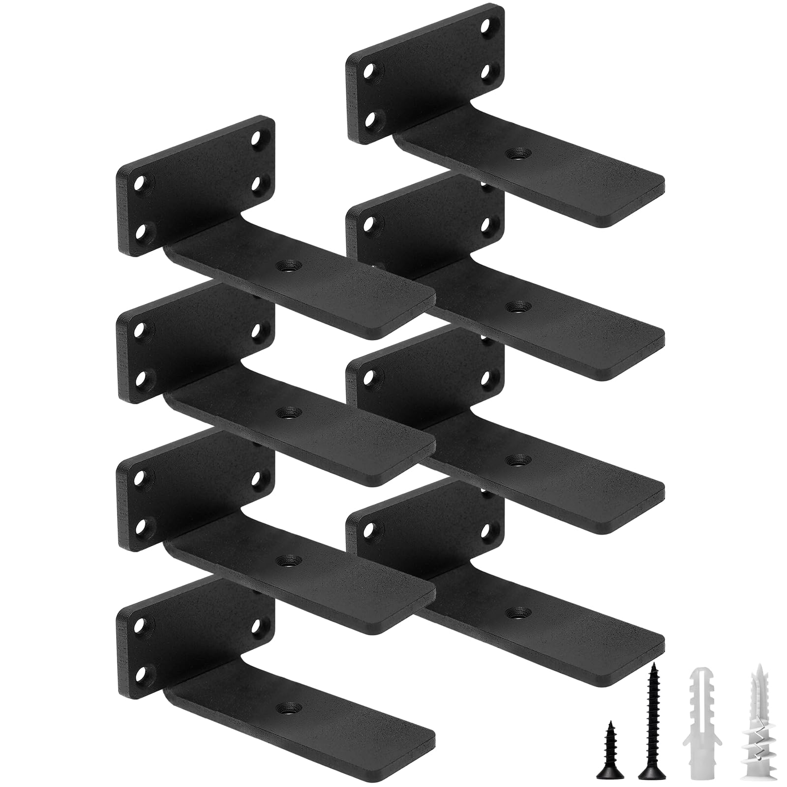 Photo 1 of HITOMEN Heavy Duty Floating Shelf Brackets, 4-Inch (1/5'' Thick) Hidden Shelves Hardware, Iron L Brackets, Rustic Industrial Black Metal Wall Shelving Supports, 8 Pack