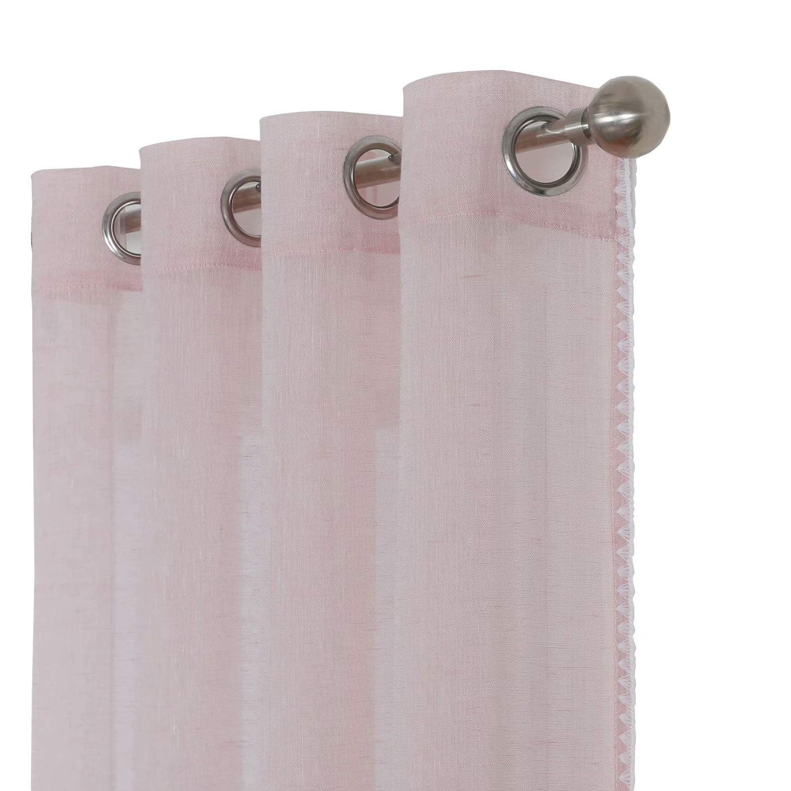MISS SELECTEX Natural Linen Sheer Curtains - Bordered Semi-Sheer Drapes Textured Grommet Top Voile Window Curtains for Girls Bedroom and Living Room, Blush, 52x63 inches Long, Set of 2 Panels