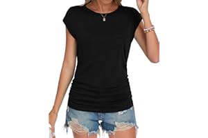 WNEEDU Womens Summer Tops Ruched Cap Short Sleeve T Shirts Crewneck Casual Ladies Shirts 2026 Trendy