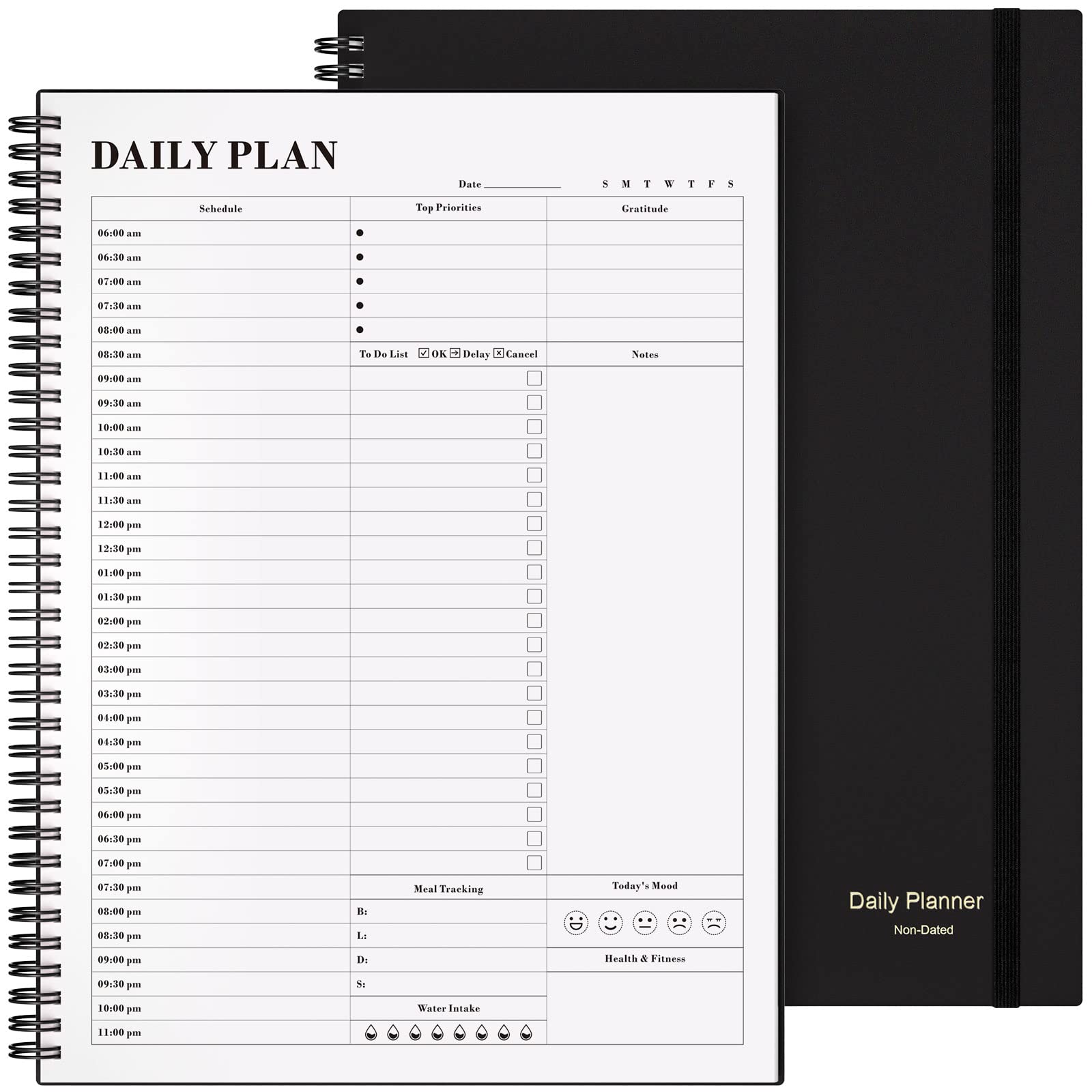 Planner Undated, Asten Daily Planner Agenda with To Do List, Hourly Schedules for Women and Men, Spiral Appointment Book with Elastic Closure, Inner Pocket 21.6 x 28cm (Black) โ image 1