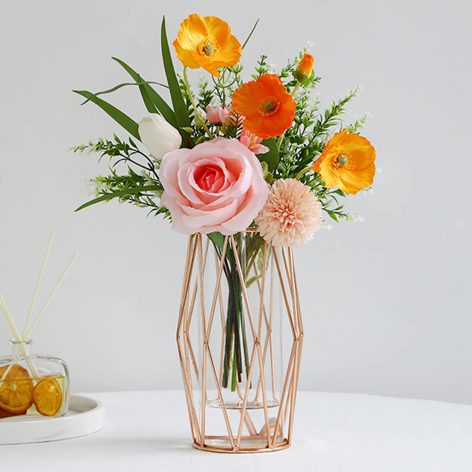 Geometric Glass Flower Vase Metal Holder, Crystal Clear Transparent Planter Flowers Vase,Handcrafted Plating Metal Vase,Clear Vase Decorative for Home Office Wedding Holiday Party Celebrate(22cm×13cm)