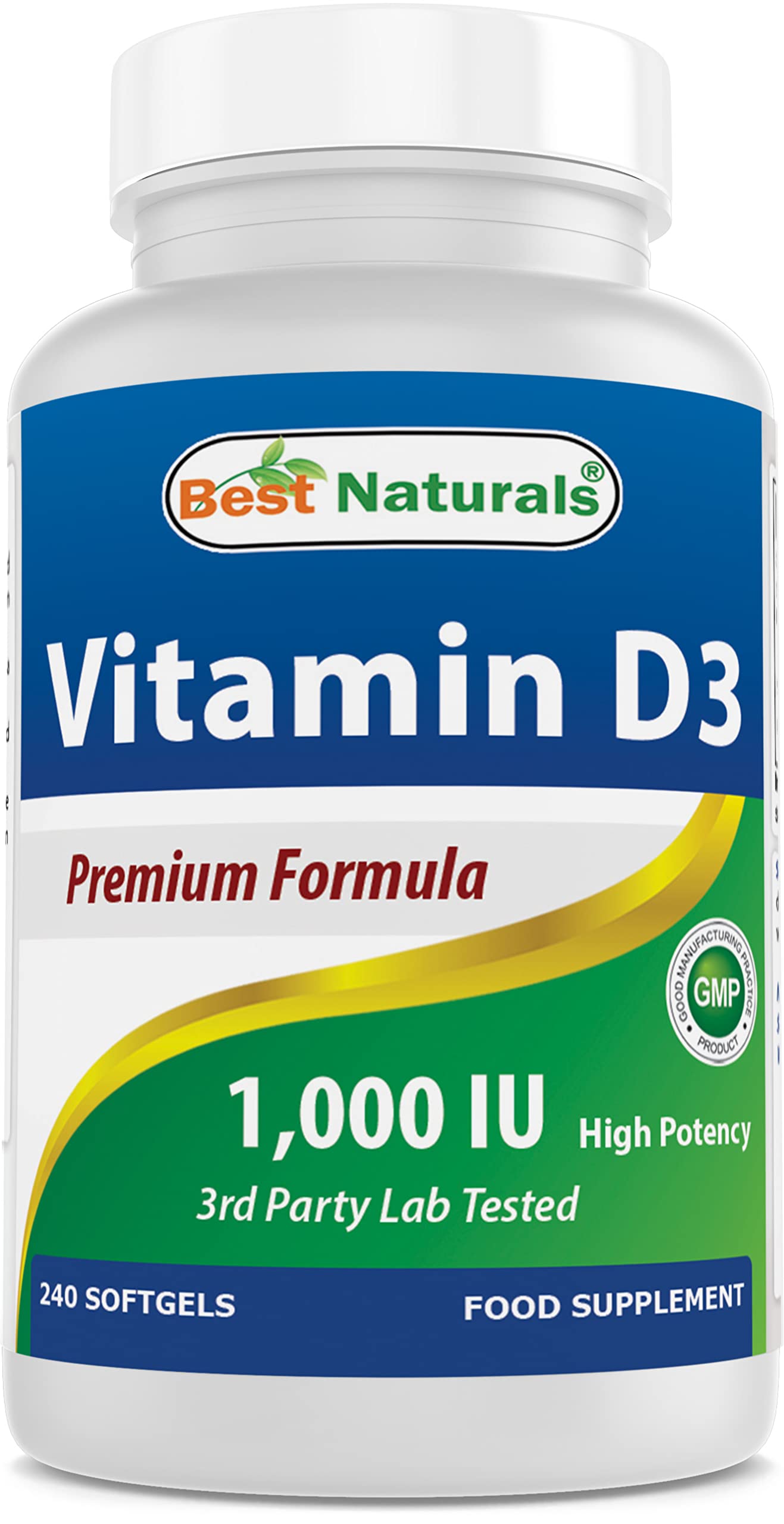 Best Naturals, Vitamin D3 1000 IU, 240 Softgels (GMO-Free, Preservative-Free, USP Grade Natural Vitamin D)