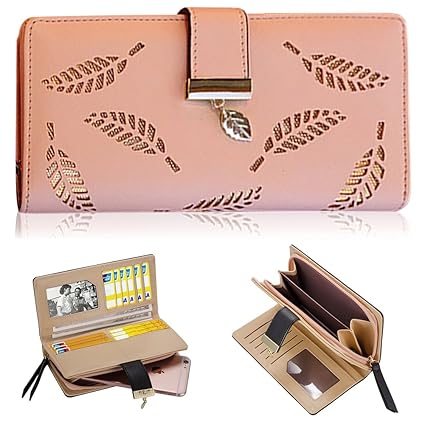 Vandot Damen Lang Geldbörse Geldtasche Leder Geldbeutel Blätter Portemonnaie Mädchen Handtasche Große Kapazität Handytasche W