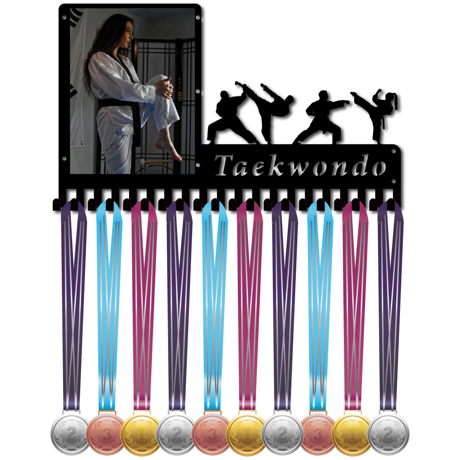 CREATCABIN Taekwondo Medal Hanger Display Medals Holder Rack with Photo Frame Metal Sports Hanging Athlete Awards Wall Mount with 20 Hooks for Karate Competition Ribbon Medals Black 16.5x9.8Inch