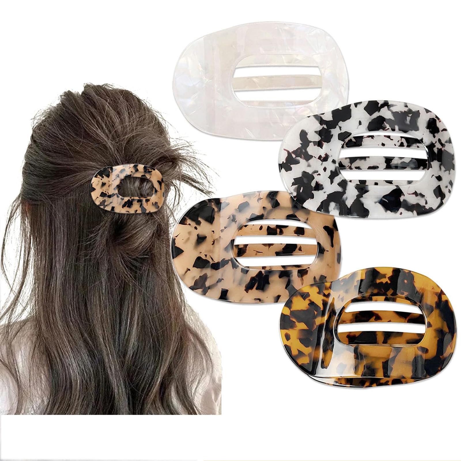Yeomju Pack of 4 Hair Flat Claw Clips, Tortoiseshell Leopard Lay Down for Women, Comfortable Curved Clip, Multicolored