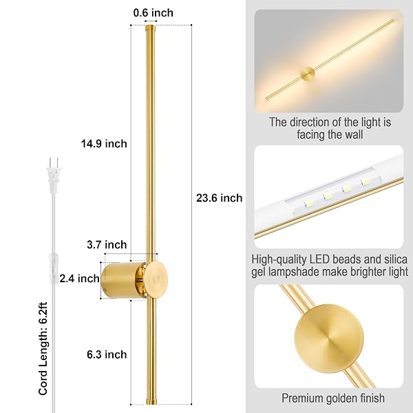 GOODATE WALL SCONCES SET OF TWO WITH REMOTE, STEPLESS COLORS 3000K-6500K & STEPLESS DIMMING, HARDWIRE OR PLUG-IN, 180° ROTATE, LED GOLD PLUG IN WALL SCONCES WITH TIMER & NIGHT LIGHT, 23.6 INCHES